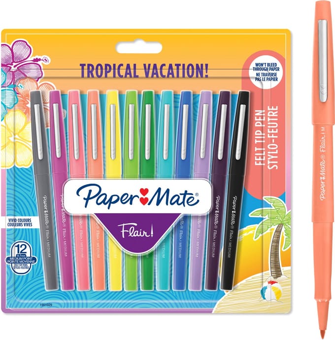Paper Mate Flair Felt Tip Pens | Medium Point (0.7 mm) | Assorted Tropical Vacation Colours | 12 Count