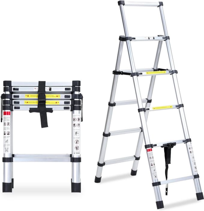 Inklapbare Telescopische Ladder 1,7 m + 2,0 m - Multifunctionele Aluminium Vouwladder met A-frame en 5 + 6 Treden