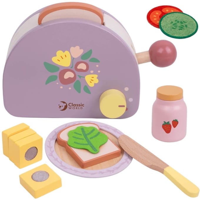 Classic World houten speelgoed broodrooster ontbijtset voor kinderen.