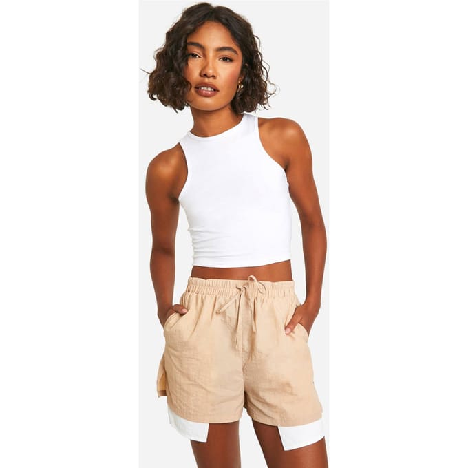 boohoo Dames Hoge geweven shorts met pocketdetails | Steen | Maat: 38