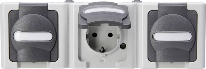 Kopp 131356005 BlueElectric Compleet Wandcontactdoos met randaarde en klapdeksel spatwaterdicht Grijs 3-voudig