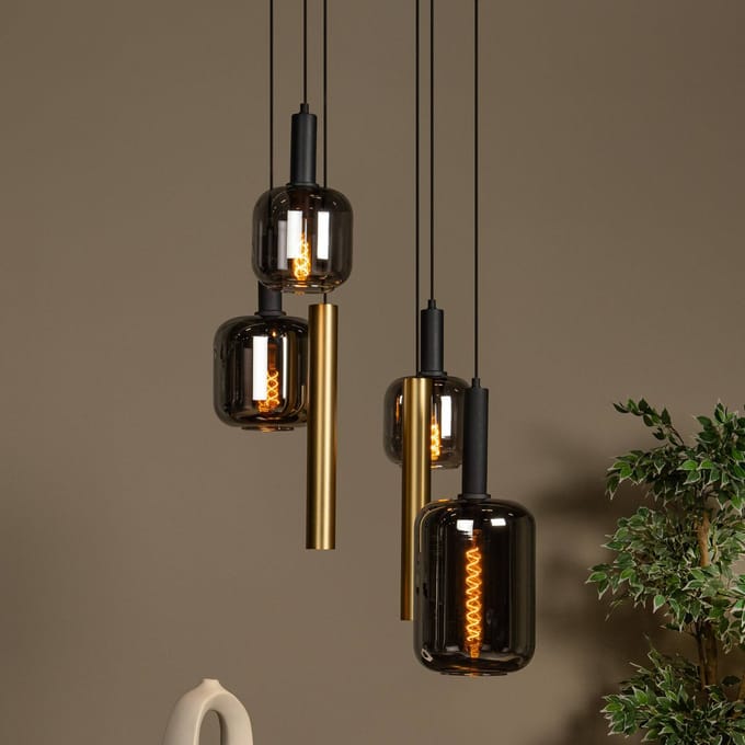 Lucide Hanglamp Joanet, Ø 65 cm, rook/messing glas/metaal 6-lamps.