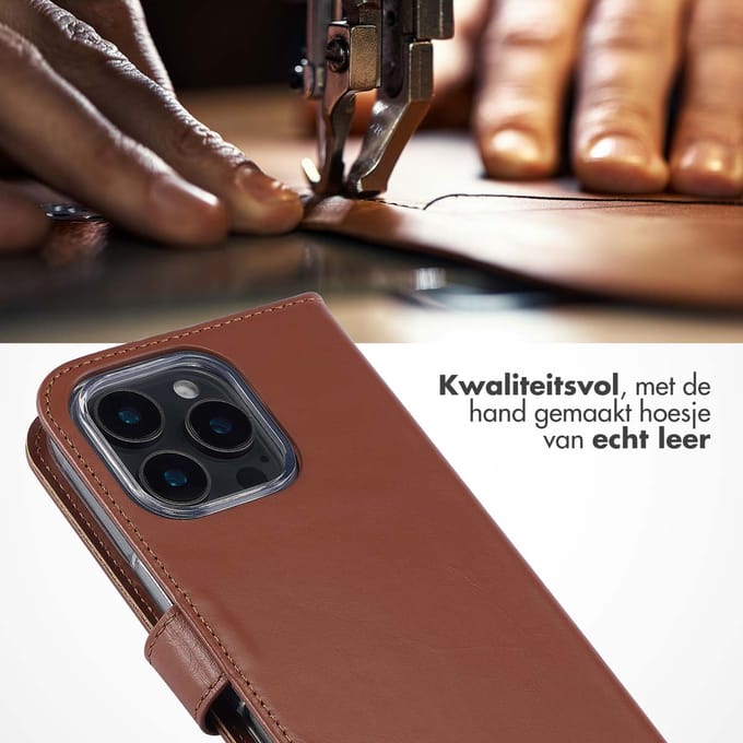 Selencia Hoesje - Geschikt voor Apple iPhone 16 Pro - Echt Lederen Bookcase - Lichtbruin