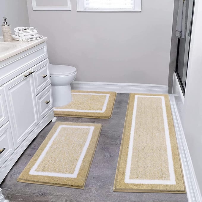Zachte badmatten set van 3, microvezel, antislip, waterabsorberend, machinewasbaar, beige