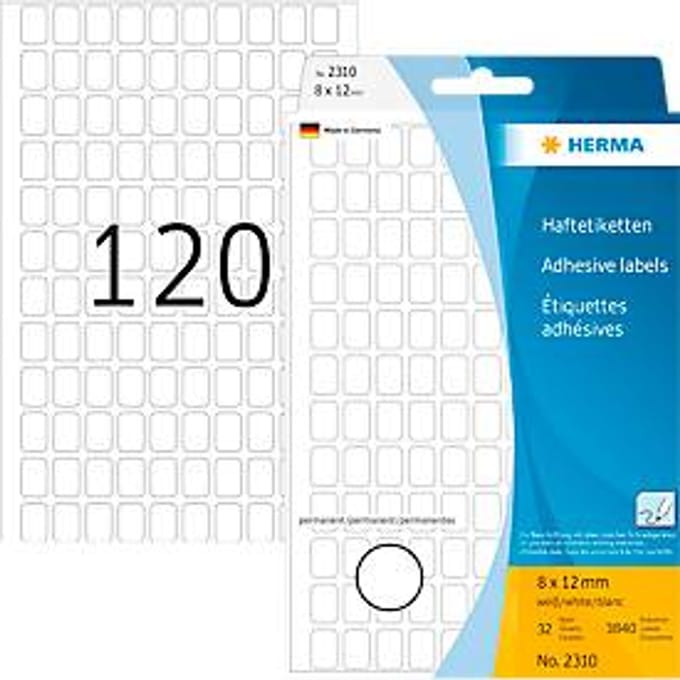 Universele etiketten Herma, 8 x 12 mm, zelfklevend, permanent, mat, 3840 stuks, wit