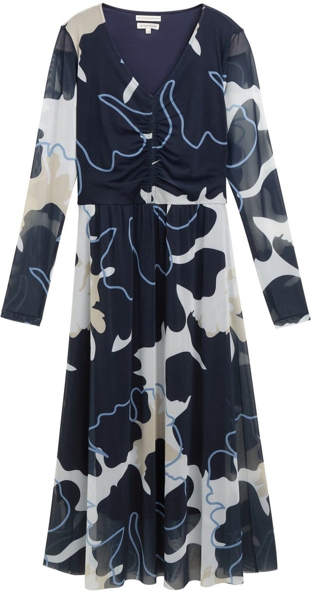 Tom Tailor - Midi-jurk van mesh met ruches - Maat 36 - big floral shapes design