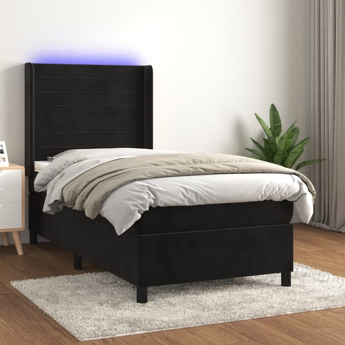 vidaXL - Boxspring - met - matras - en - LED - fluweel - zwart - 90x200 - cm