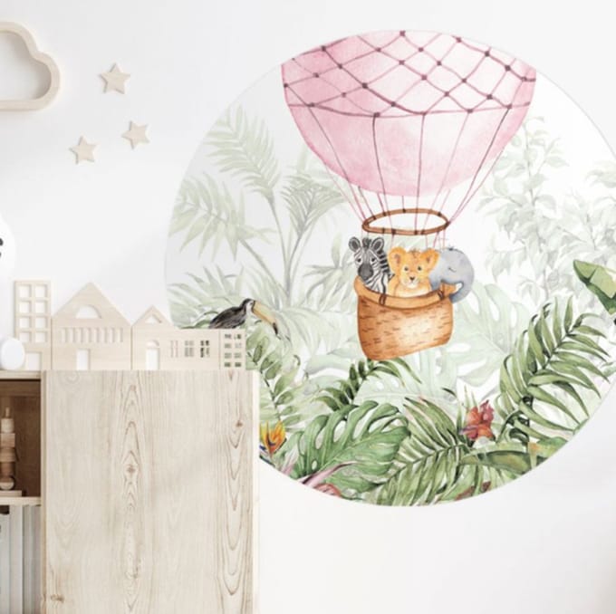 Behangcirkel 60cm Babydiertjes in luchtballon roze - Wallz