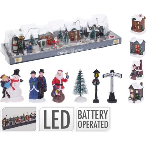 Koopmans Koopman Kerstmis Dorp LED Set - 14 stuks, 4 Huizen, 2 Bomen, 3 Figuren