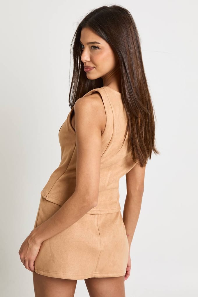 boohoo Dames Nep suede top & minirok co-ord | Tan | Maat: 14