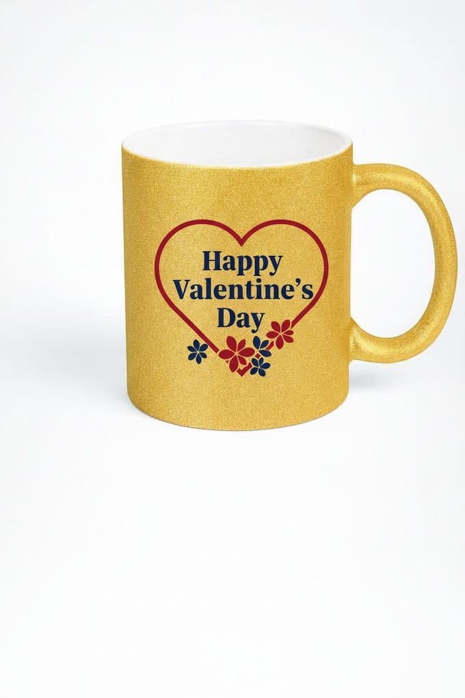 Valentijnsdag Glitter Gouden Mok | 'Happy Valentine's Day' Hart Design | Romantisch Cadeau