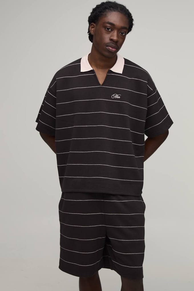 Oversized Boxy Piqué Gestreepte Polo & Relaxed Short Set | Chocolate | Size Medium