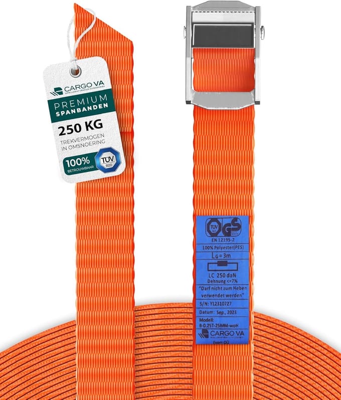Spanband met Rateltop - Set van 6, 25 mm x 2 m, 250 kg Breeksterkte, Oranje