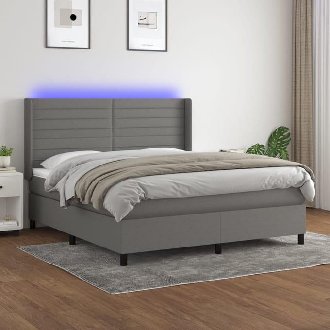 vidaXL - Boxspring - met - matras - en - LED - stof - donkergrijs - 180x200 - cm