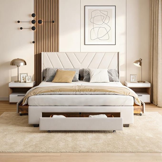 Gestoffeerd Bed - Tweepersoonsbed Frame - Opbergen - Met Laden - 140 x 200 cm - Beige Linnen