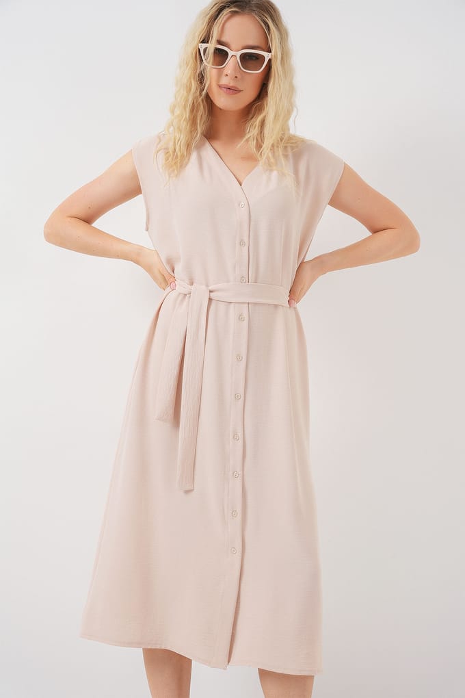 Textuur V-hals Midi-jurk met Knopsluiting