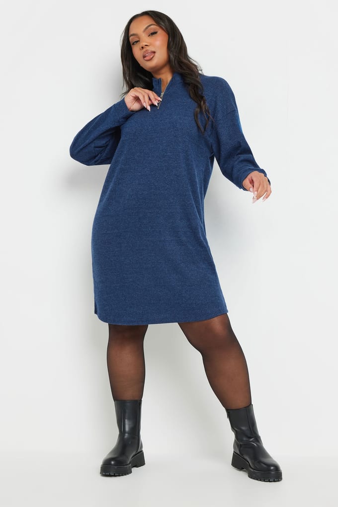 Yours Blauwe Geribbelde Truijurk Met Ritssluiting Size 50-52