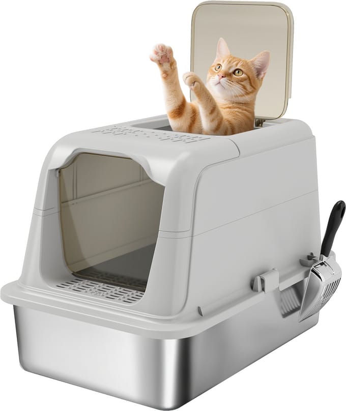 PawHut Cat Litter Box-Edelstahl, Kunststoff-60,4L x 40,4B x 41,8H cm-Hellgrau