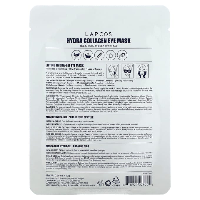 Lapcos Hydra collageen liftend Hydra-gel oogmasker, 1 vel, 10 g (0.35oz) white
