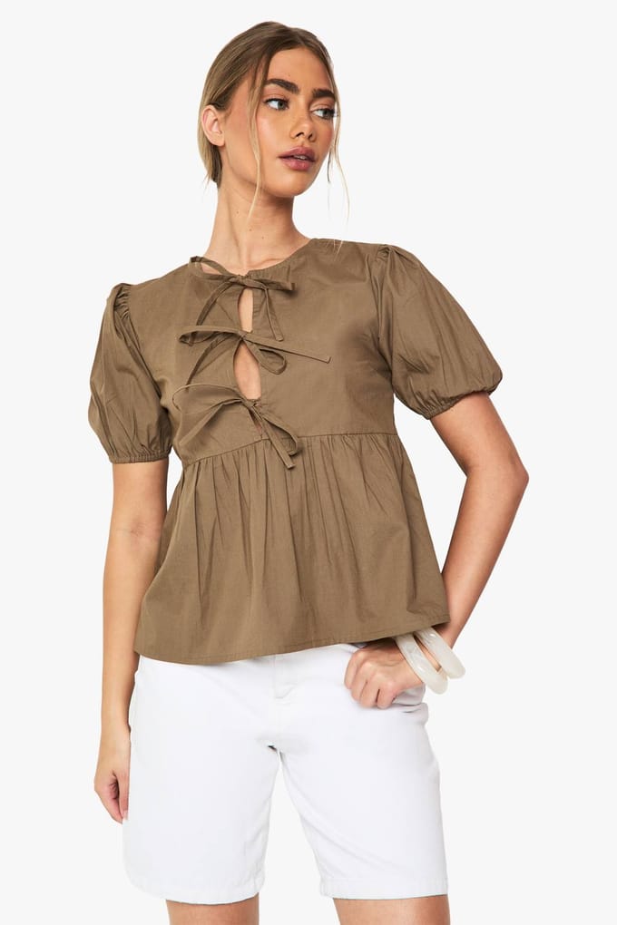boohoo Dames Katoenen poplin smock top met voorstrik | Khaki | Maat: 10