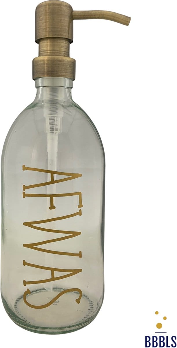 BBBLS® Design Dispenser "Abwasch" | Transparant Glas | 500ml | RVS / Metaal Pomp Goud | Zeeppomp | Zeepdispenser | Zeephouder