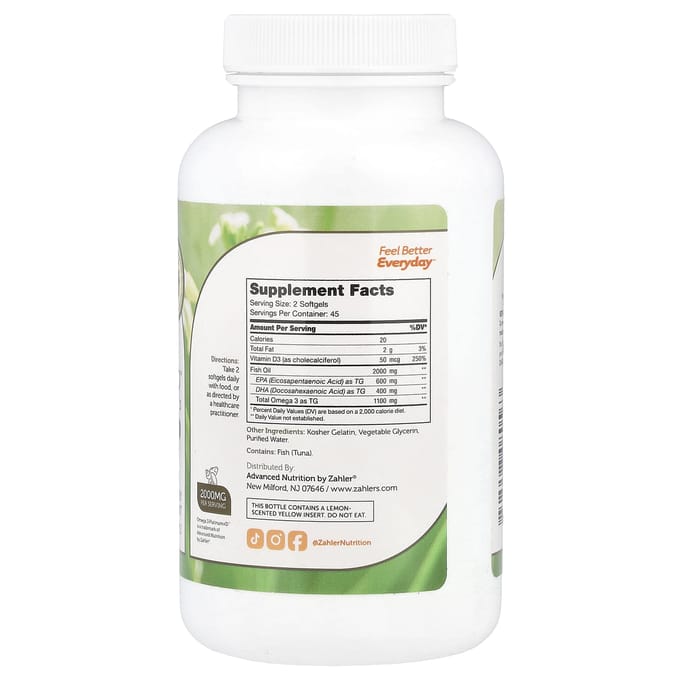 Zahler, Omega3 Platinum+D, premium omega3 visolie + vitamine D3, 2.000 mg, 90 zachte capsules (1.000 mg per softgel)