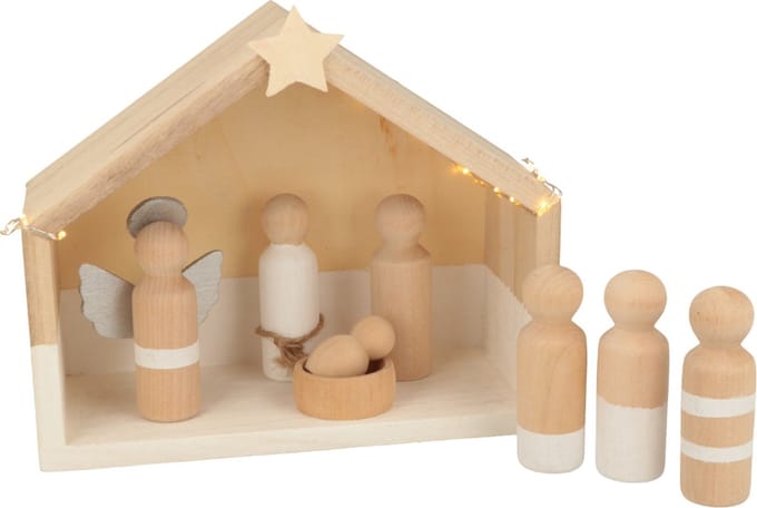 Artemio Houten kerststal - Doe-het-zelf set met peg dolls - 9-delig