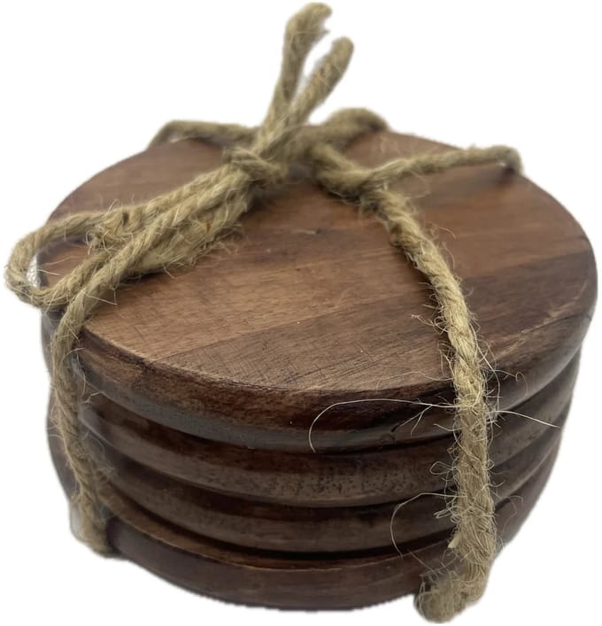 Corios Onderzetters set-van-4 Rond hout bruin 10x10cm