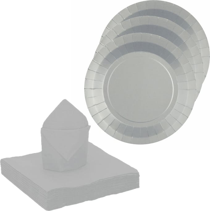 Santex feest/verjaardag servies set - 20x gebaksbordjes/25x servetten - zilver - karton
