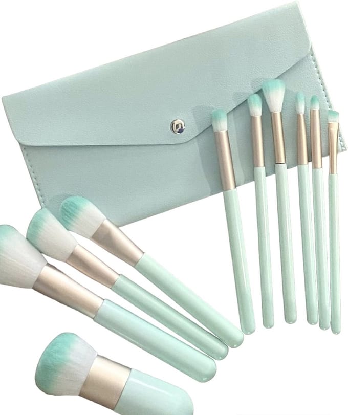 Kwalitatieve - Vegan - Make- up borstel - set - 10 stuks - met zakje - groen - accessoires