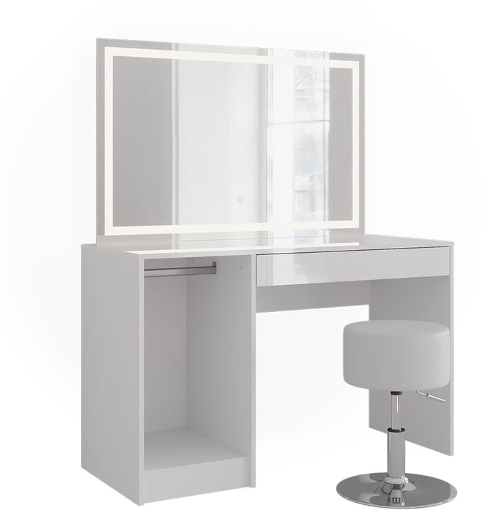Vicco Kaptafel set met kruk Sherry, Wit/Wit Hoogglans, 119.8 cm met LED-spiegel en kruk