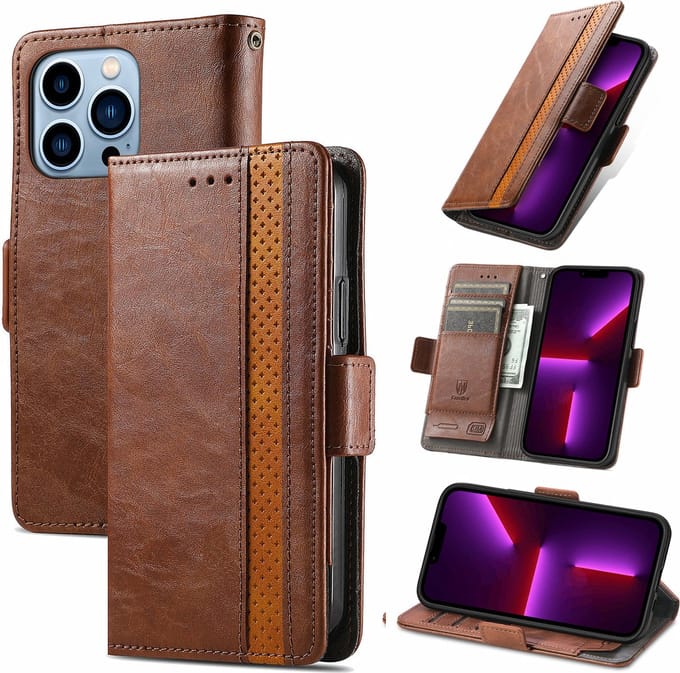Stijlvol Tweekleurig PU-leer Wallet Flip Case voor iPhone 13 Pro Max _ Donkerbruin