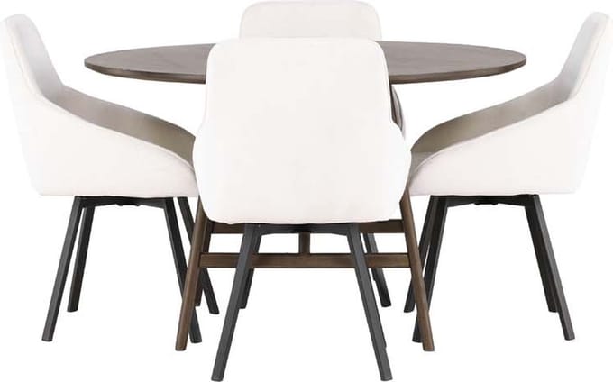 Kaseindon eethoek tafel bruin en 4 Rosie stoelen beige.