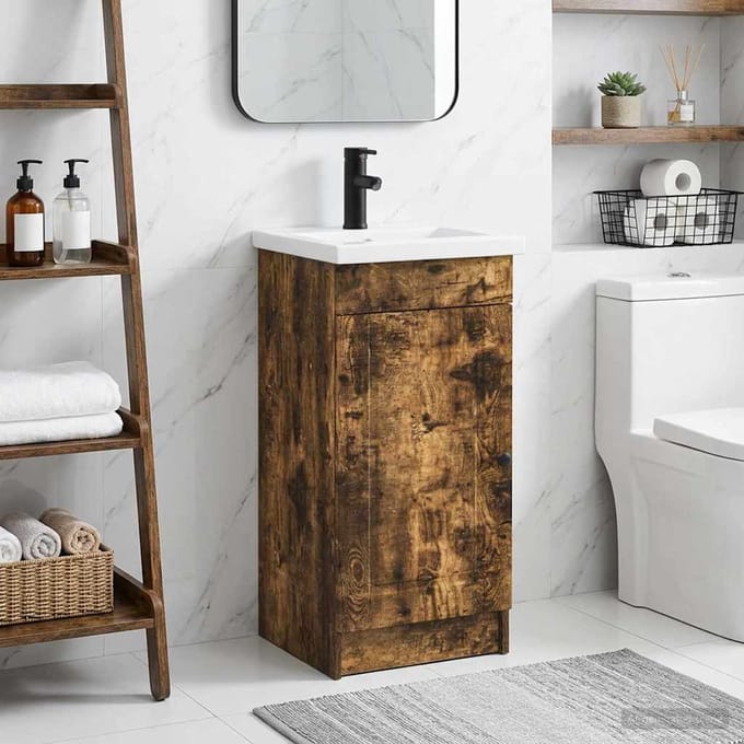 vidaXL - Badkamer - Vanity - met - Wastafel - Gerookt - eiken - 42 - x - 40 - x - 84,5 - cm