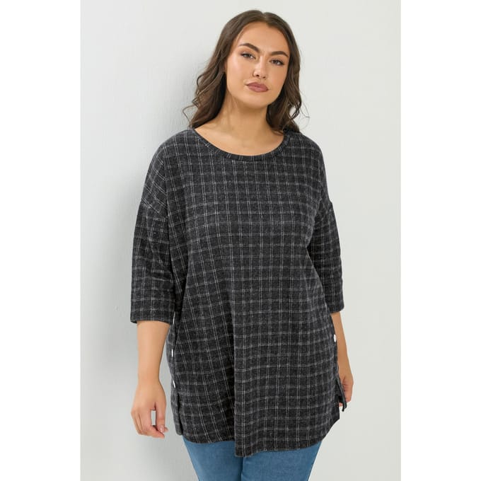 Yours Zwarte Geruite Top Met Knopen Aan De Zijkant Size 50-52