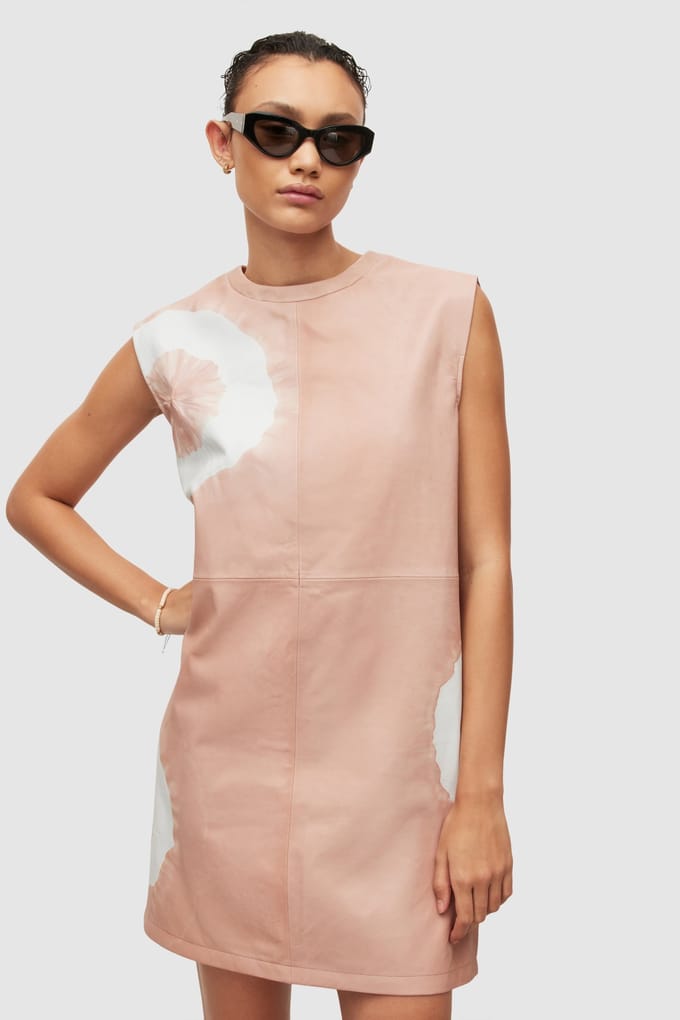 AllSaints Mika Leather Tydy Dr Dusty Pink Maat: 16 | Mini Jurken Outlet | Dames | Roze