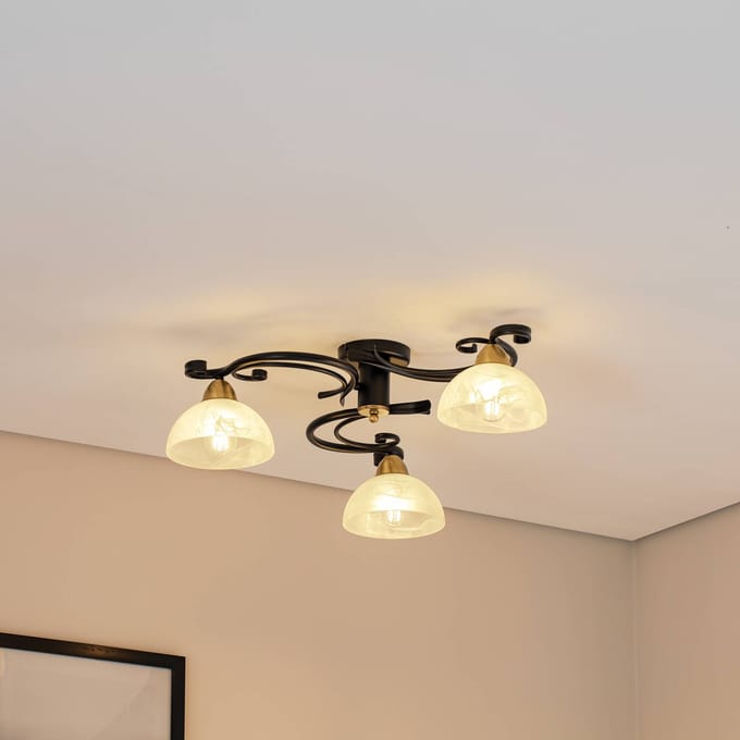 Luminex Plafondlamp Flora, 3 glazen kappen, zwart/messing