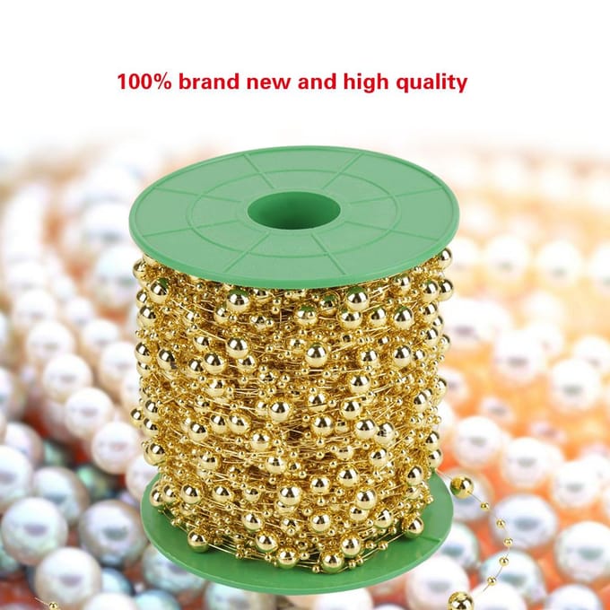 60m/rol Galvaniseren Parel Draad Kralen Slinger String DIY Bruiloftsdecoratie 3mm+8mm(gouden) beige