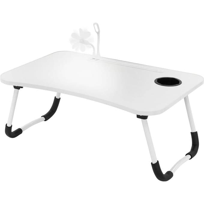 ML-Design Laptoptafel voor Bed/Sofa, Wit, 60x40 cm, Opvouwbare Bedtafel, Notebooktafel met 4 USB-laadpoorten, Lade, USB-lamp, Ventilator, Tablethouder, Drankhouder, Laptopstandaard Lapdesks