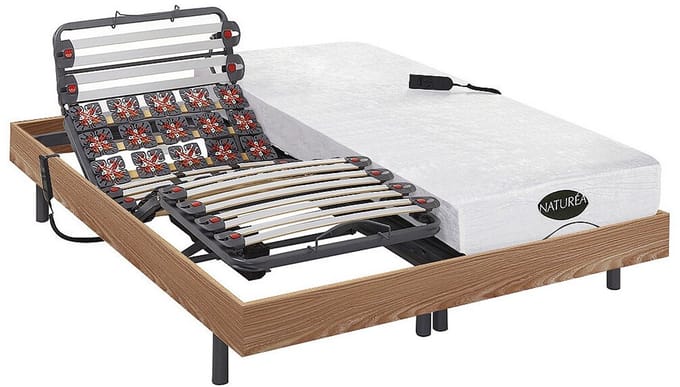 Vente-unique Bed met elektrische lattenbodem stof natuurlijk licht 2 x 80 x 200 cm
