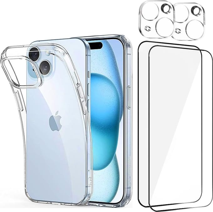 Backcover Silicone hoesje met Screenprotector Glas 2x en Camera lens protector 2x Geschikt voor: iPhone 15