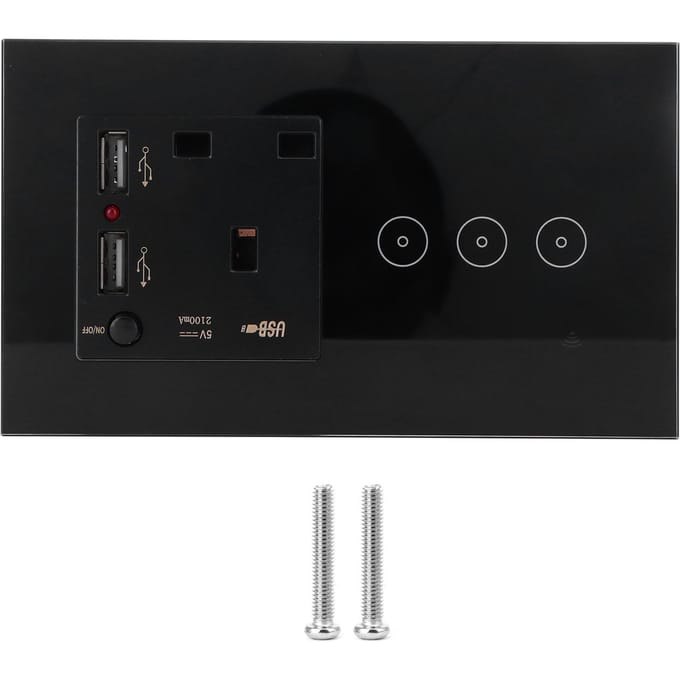 Panneau de prises murales Wi-Fi à 3 prises avec ports USB et télécommande par application black