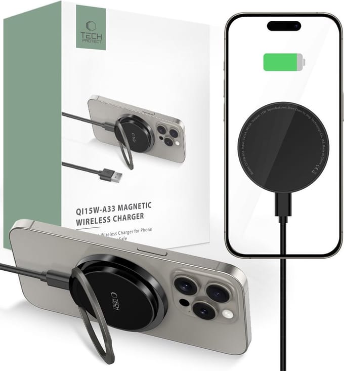 Tech-Protect QI15W-A33 Inductive Charger with MagSafe and Stand with USB-A / USB-C Cable - Black