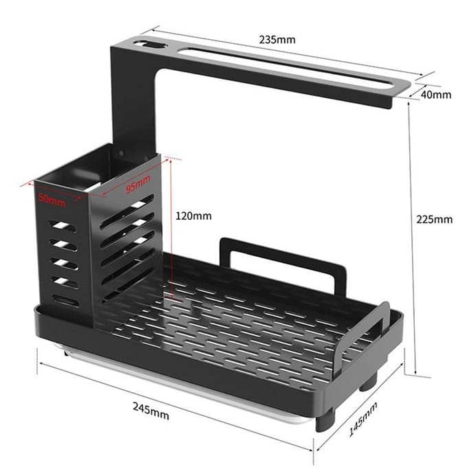 Organiseur d'évier de cuisine en acier inoxydable 304, support distributeur de savon, éponge, brosses et chiffons noir