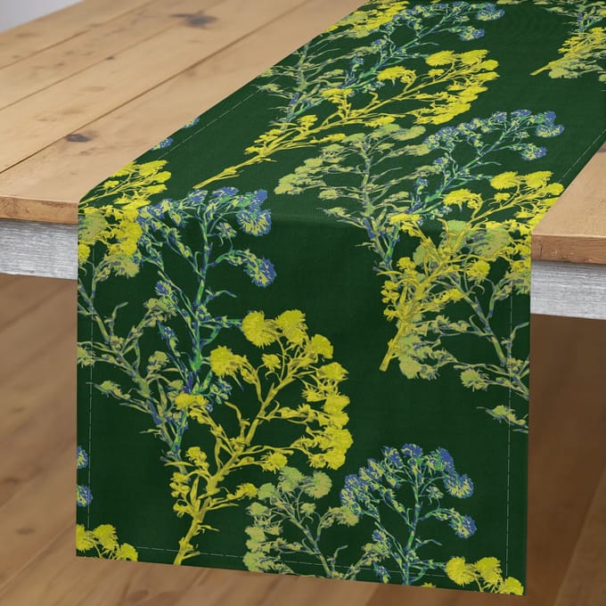 ABAKUHAUS tafel loper – botanische stijl – 40×180 cm – polyester – jachtgroen/geel