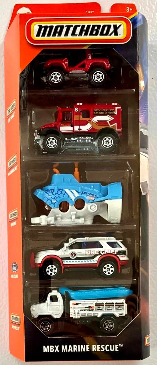 MATCHBOX 5 IN BOX MBX MARINE RECUE METAL (1:64) CLIFF HANGER, 4x4 SCRAMBULANCE,DEEP DIVER, FORD EXPLORER, RAPID RESCUE 5-PACK