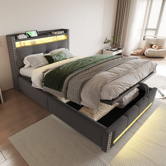 REDOM Opbergbed 90x200 cm – Linnen – Hydraulisch – LED & USB – Kinderbed – Grijs – 200 kg