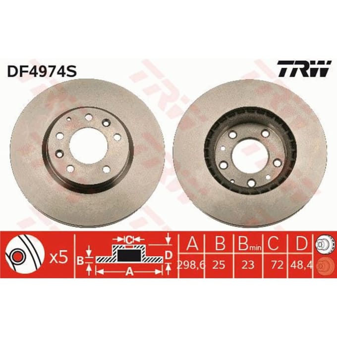 Remschijf TRW DF4974S voorkant, geventileerd, sterk gecarboniseerd, 1 Stuk