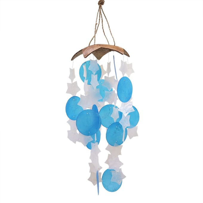 Coconut & Capiz Windgong - Blauwe en witte sterren - 30 cm