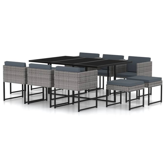 vidaXL - 11-delige - Tuinset - met - kussens - poly - rattan - grijs